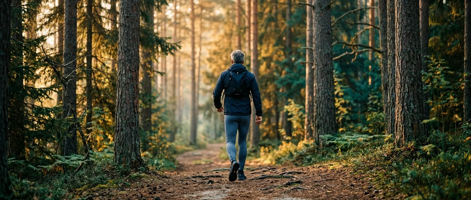 Aktiv man på morgonpromenad i skogen