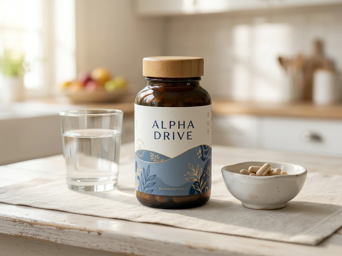 Närbild på Alpha Drive etikett med ingredienslista och EU-certifiering